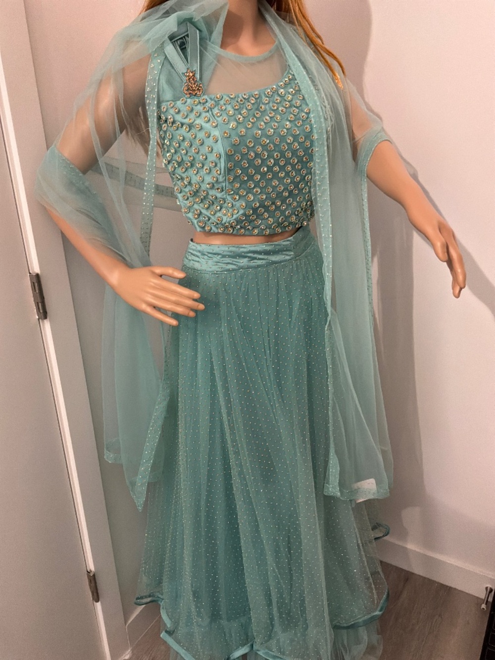 Mint Embroidered 3-Piece Indian Dress Size XS Sequin Rosette